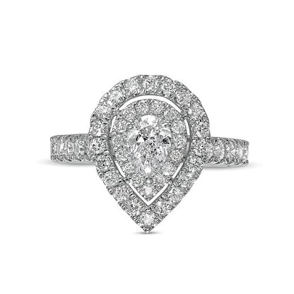 1.5 CT. Gesamtgewicht Verlobungsring mit tropfenförmigem Diamant und doppeltem Halo in 14K Weißgold (I/SI2)