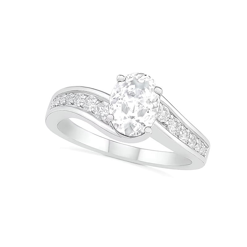 Braut-Set mit ovalem weißem Labor-Saphir in rhodiniertem Sterlingsilber