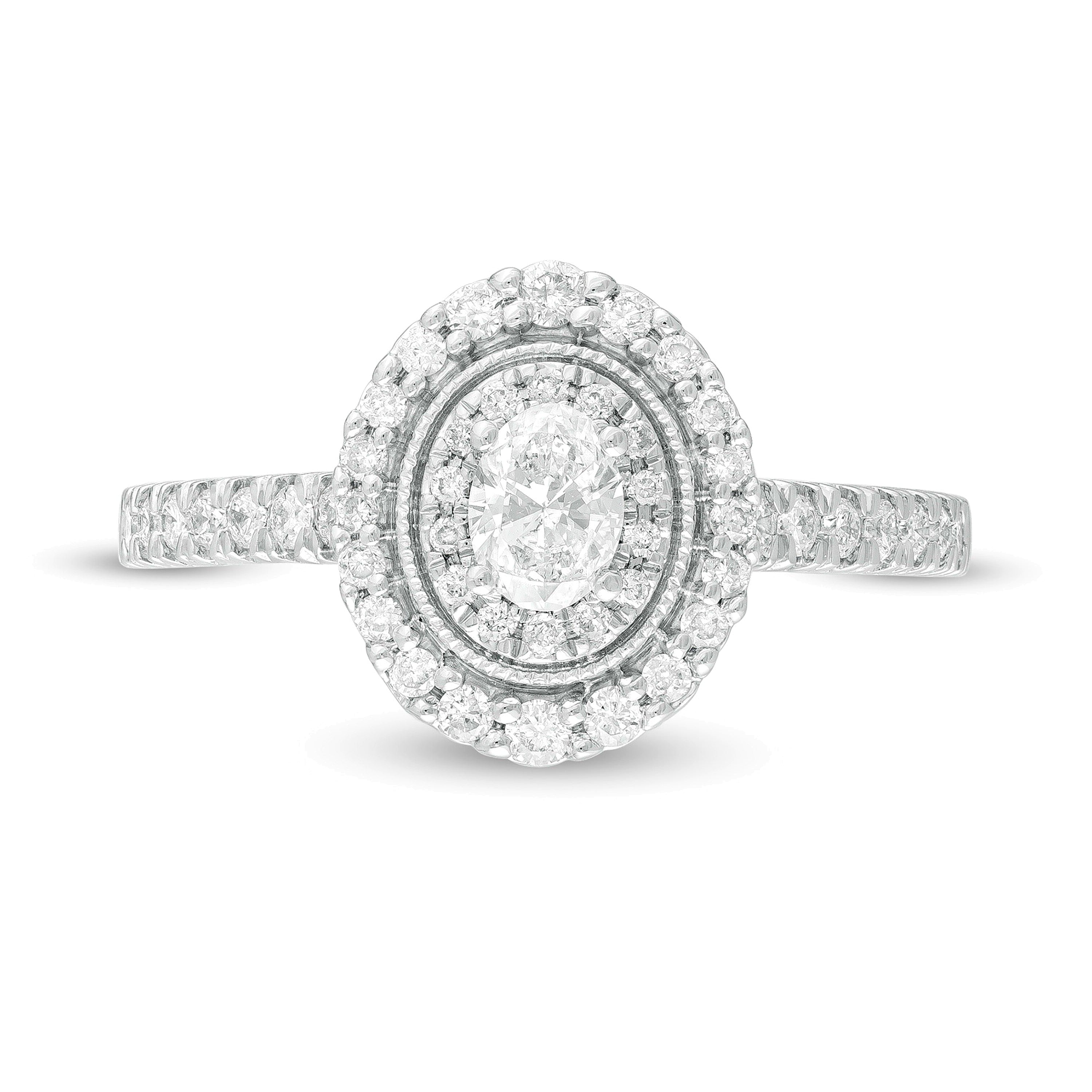 0,63 ct. Gesamtgewicht Halo-Verlobungsring im Vintage-Stil mit ovalem Diamant in 10K Weißgold