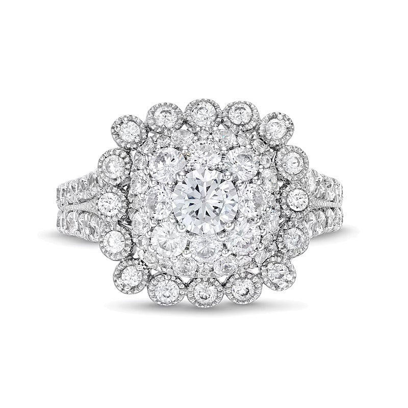 Verlobungsring mit mehreren Diamanten 2.0 ct. Gesamtgewicht im Vintage-Stil mit Bubble-Rahmen, rund und Kissenschliff, in 10K Weißgold