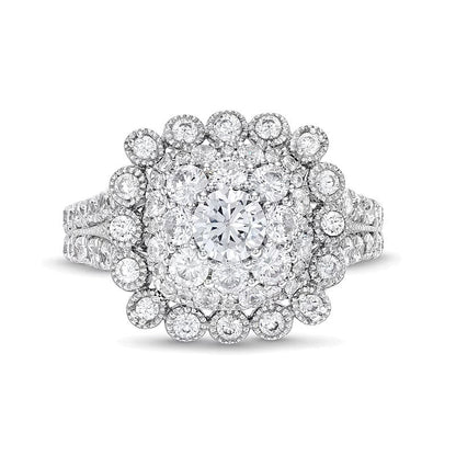 Verlobungsring mit mehreren Diamanten 2.0 ct. Gesamtgewicht im Vintage-Stil mit Bubble-Rahmen, rund und Kissenschliff, in 10K Weißgold