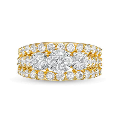 Dreistein-Verlobungsring mit weißen Diamanten in rundem Schliff, 2.0 ct. Gesamtgewicht, 14K Gelbgold