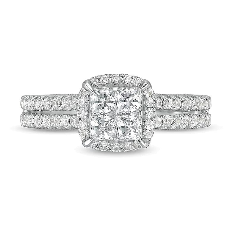 1.0 ct. Gesamtgewicht Verlobungsring im Vintage-Stil mit Diamanten im Princess- und Rundschliff in 14K Weißgold