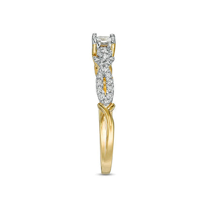 0.38 ct. Gesamtgewicht Diamant-Verlobungsring Dreistein im Princess-Schliff mit Crossover-Ringschiene in 10K Gelbgold