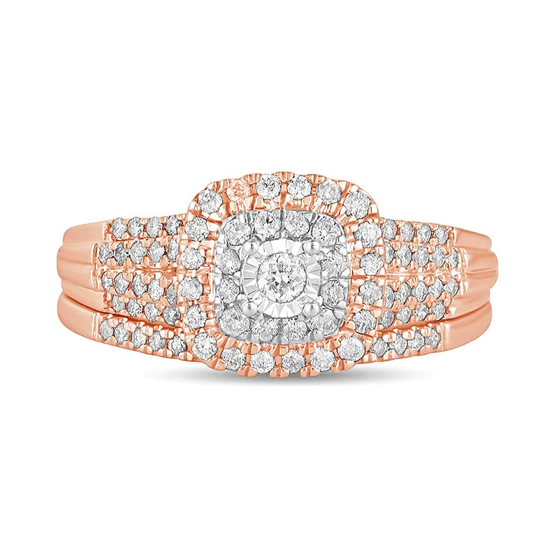 Diamant-Brautset 0.5 CT. Gesamtgewicht mit doppeltem Halo im Kissenschliff, mehrreihig, in 10K Roségold