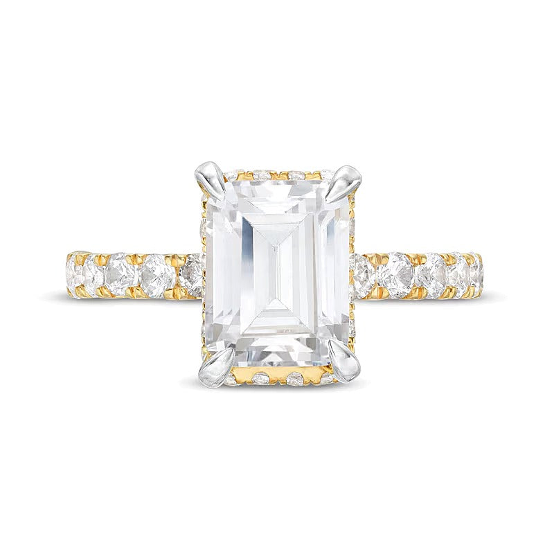Solitär mit seitlichem Besatz Verlobungsring mit Labordiamant im Smaragdschliff 3,88 ct. Gesamtgewicht in 14K Gelbgold (I/SI2)