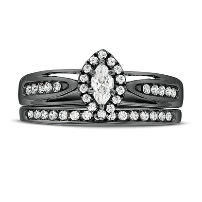 0.5 ct. Gesamtgewicht Marquise-Diamant Brautset mit Rahmen und geteilter Schiene in 10K Weißgold mit schwarzem Rhodium