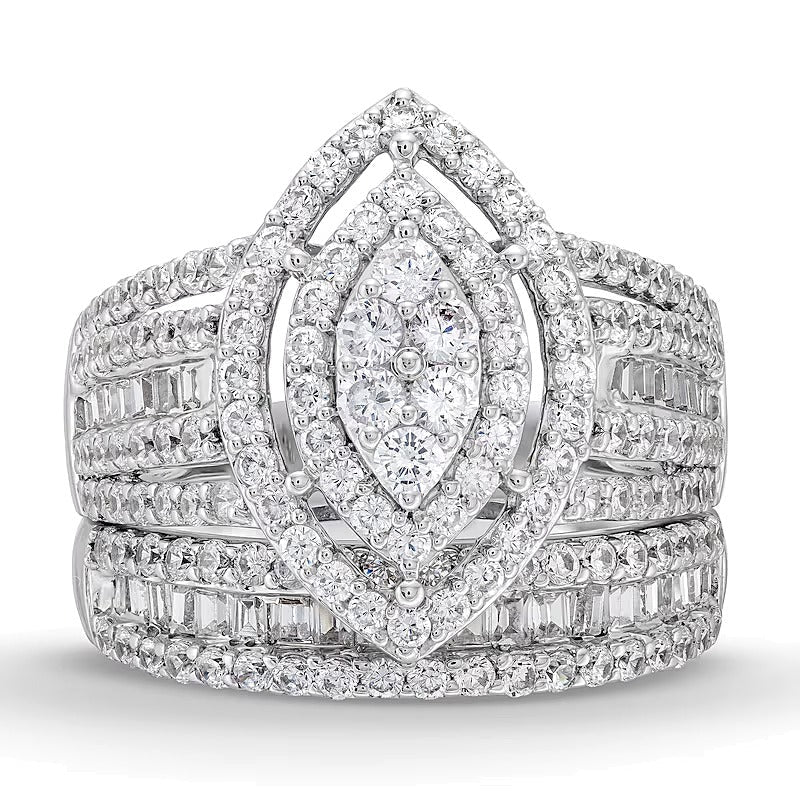 1.75 CT. Gesamtgewicht Braut-Set mit Diamanten im Marquise-, Rund- und Baguette-Schliff im Vintage-Stil in 10K Weißgold