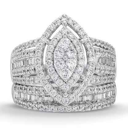 1.75 CT. Gesamtgewicht Braut-Set mit Diamanten im Marquise-, Rund- und Baguette-Schliff im Vintage-Stil in 10K Weißgold