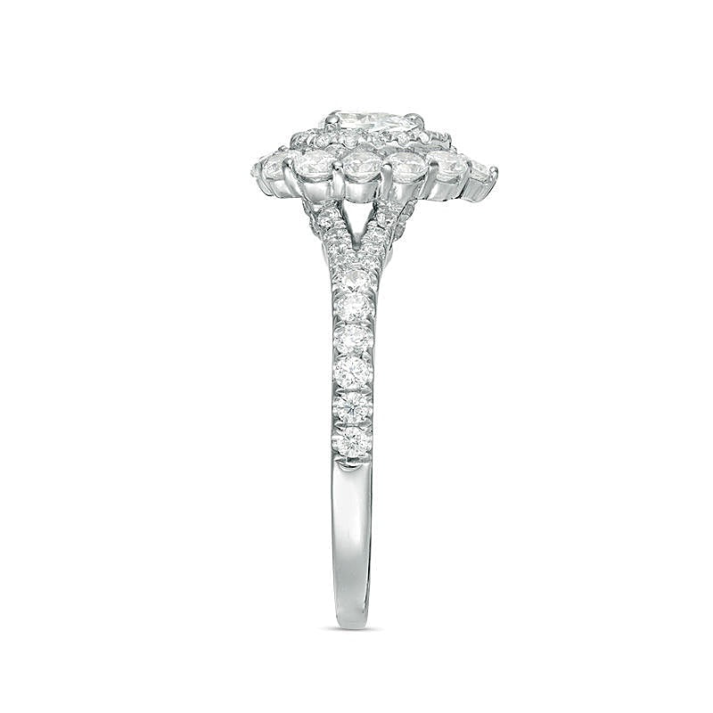 Verlobungsring mit Halo, tropfenförmigem und rundem Diamant, 1.0 CT. Gesamtgewicht, in 14K Weißgold