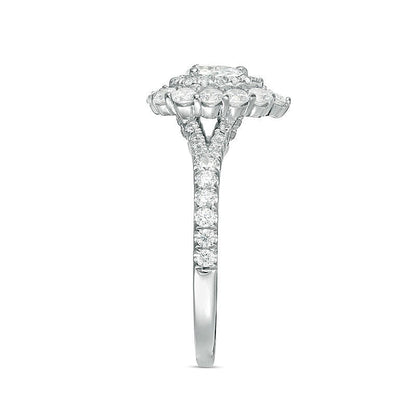 Verlobungsring mit Halo, tropfenförmigem und rundem Diamant, 1.0 CT. Gesamtgewicht, in 14K Weißgold
