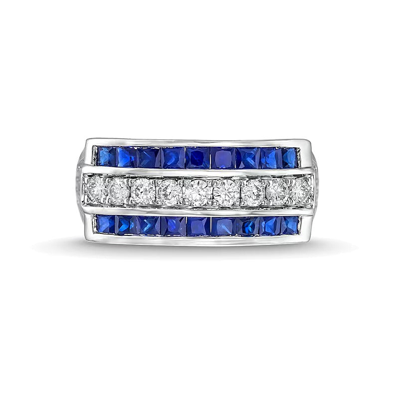 0,33 ct. Gesamtgewicht Diamant- und blauer Saphir-Ring im Princess-Schliff, dreireihig, in 14K Weißgold
