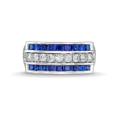 0,33 ct. Gesamtgewicht Diamant- und blauer Saphir-Ring im Princess-Schliff, dreireihig, in 14K Weißgold