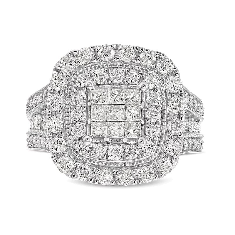 2.0 ct. Gesamtgewicht Verlobungsring mit Diamanten im Princess-, Rund- und Kissenschliff, mehrreihig, doppelter Kissen-Rahmen, in 10K Weißgold