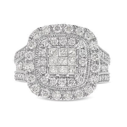 2.0 ct. Gesamtgewicht Verlobungsring mit Diamanten im Princess-, Rund- und Kissenschliff, mehrreihig, doppelter Kissen-Rahmen, in 10K Weißgold