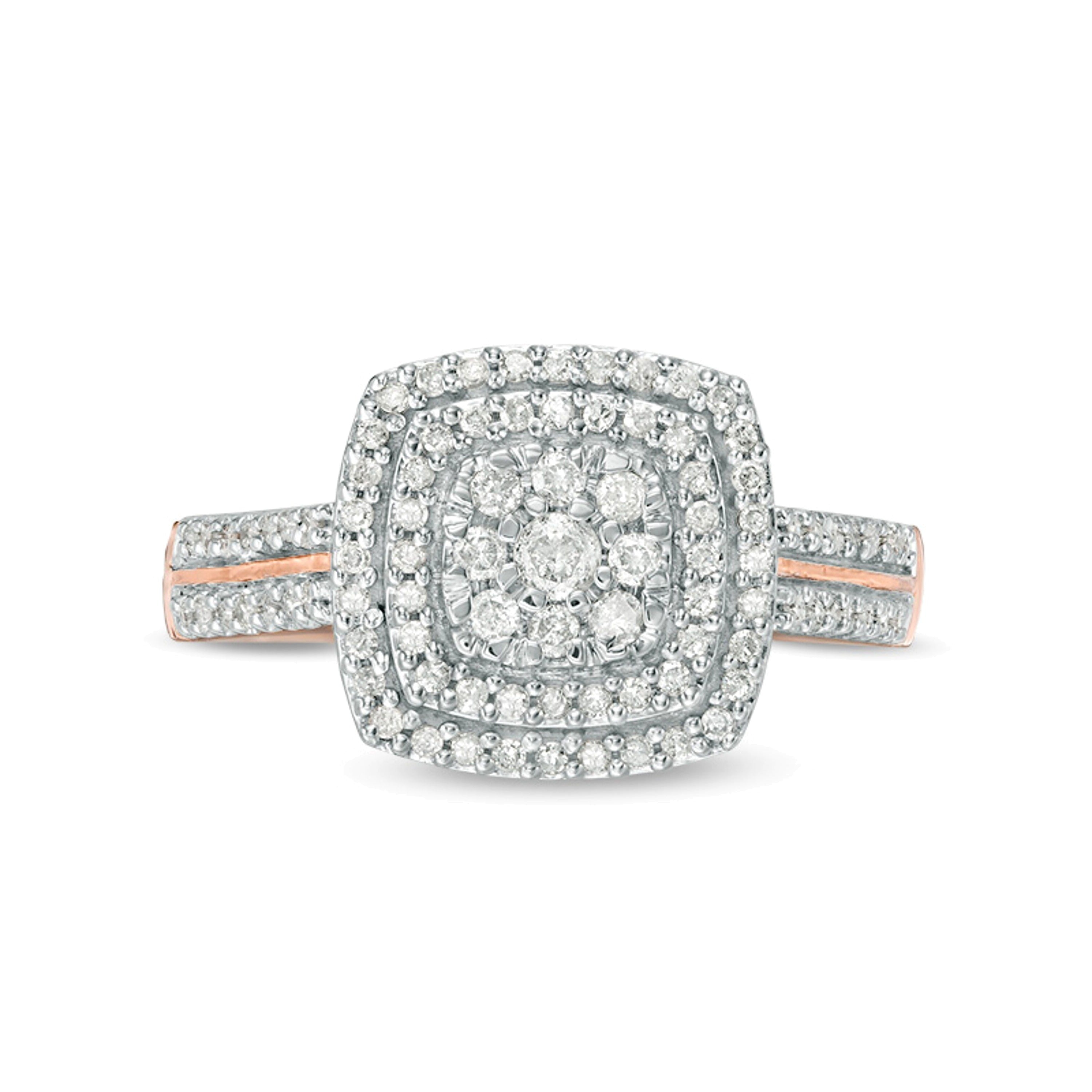 0.38 ct. Gesamtgewicht Halo-Ring mit Diamanten im Kissenschliff und runden Diamanten in 10K Roségold