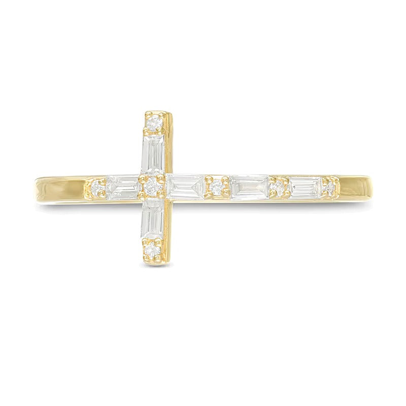 0.17 ct. Gesamtgewicht Diamant-Cross-Ring mit Baguette- und rundem Schliff in 10K Gelbgold