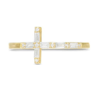 0.17 ct. Gesamtgewicht Diamant-Cross-Ring mit Baguette- und rundem Schliff in 10K Gelbgold