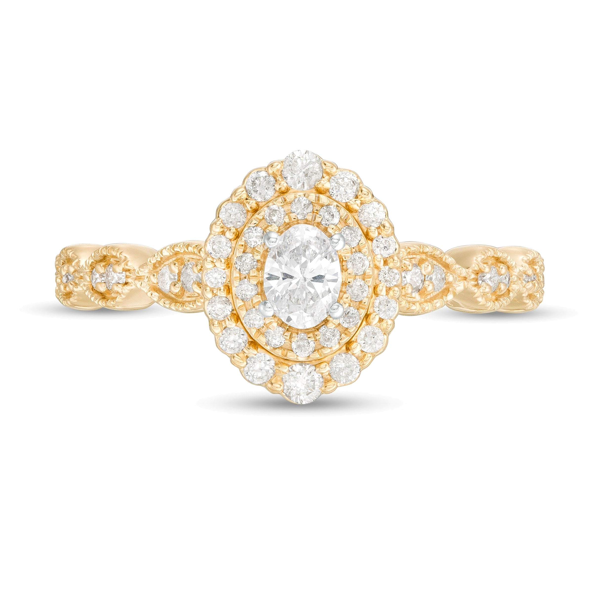 0.38 ct. Gesamtgewicht Verlobungsring mit ovalem Diamant im Art-Déco-Vintage-Stil mit doppeltem Halo in 10K Gelbgold