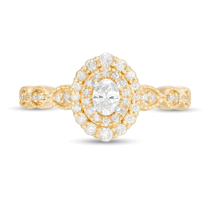0.38 ct. Gesamtgewicht Verlobungsring mit ovalem Diamant im Art-Déco-Vintage-Stil mit doppeltem Halo in 10K Gelbgold