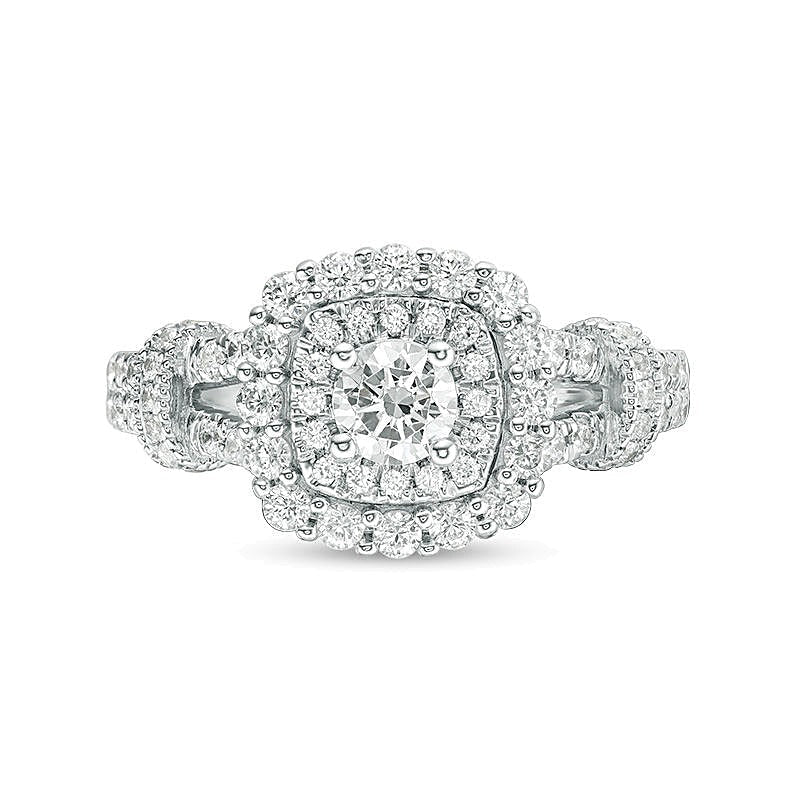Verlobungsring im Vintage-Stil mit Halo, Diamanten (rund & Kissenschliff) 1.0 CT. Gesamtgewicht in 14K Weißgold