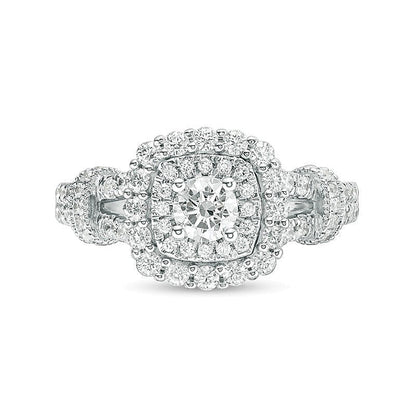 Verlobungsring im Vintage-Stil mit Halo, Diamanten (rund & Kissenschliff) 1.0 CT. Gesamtgewicht in 14K Weißgold