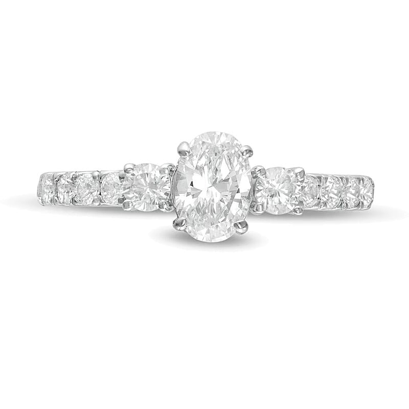 Dreistein-Verlobungsring mit Diamanten 1.17 ct. Gesamtgewicht in 14K Weißgold