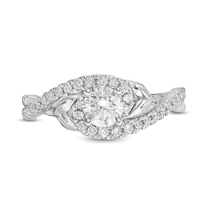 0,75 ct. Gesamtgewicht Diamant-Verlobungsring Solitär mit seitlichem Besatz und Blattmotiv im Bypass-Design in 14K Weißgold