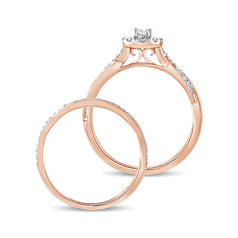 0,5 ct. Gesamtgewicht Braut-Set mit ovalem Diamant, Halo und gedrehter Ringschiene in 10K Roségold