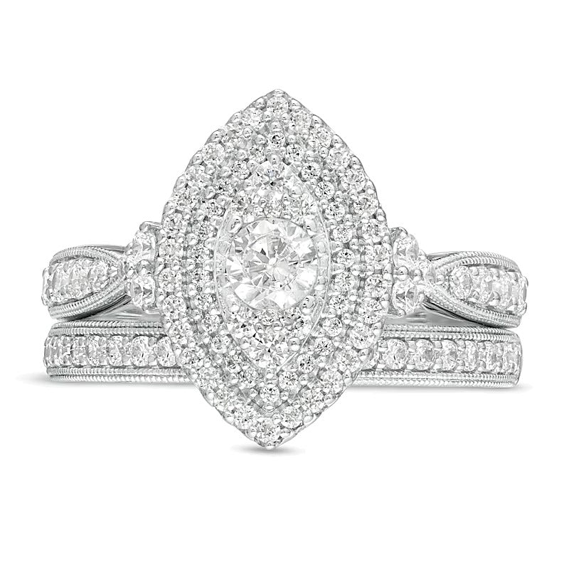 1.0 ct. Gesamtgewicht Diamant Brautset mit doppeltem Marquise-Rahmen im Vintage-Stil in 10K Weißgold