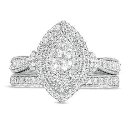1.0 ct. Gesamtgewicht Diamant Brautset mit doppeltem Marquise-Rahmen im Vintage-Stil in 10K Weißgold