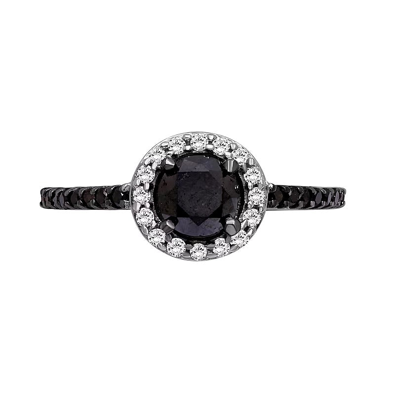 1.5 ct. Gesamtgewicht Halo-Ring mit schwarzen und weißen Diamanten in rhodiniertem Sterlingsilber