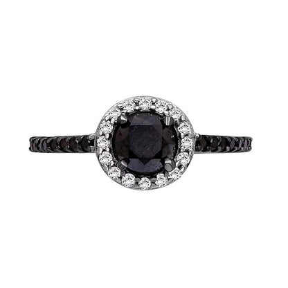 1.5 ct. Gesamtgewicht Halo-Ring mit schwarzen und weißen Diamanten in rhodiniertem Sterlingsilber