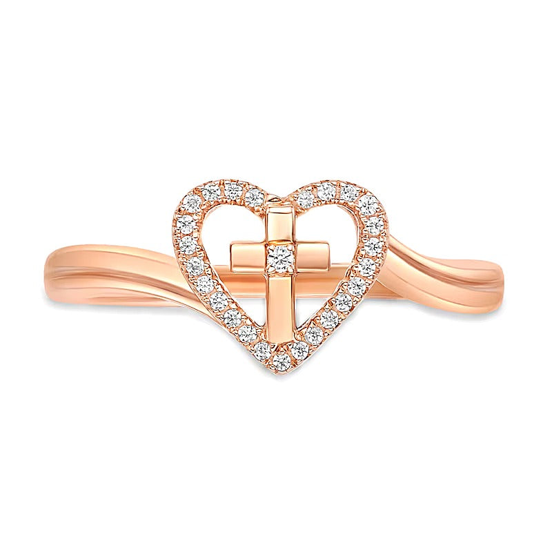 Diamant-Ring Herz mit Kreuz im Bypass-Design 0.07 ct. Gesamtgewicht in 18K Roségold auf Sterlingsilber