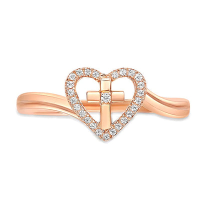 Diamant-Ring Herz mit Kreuz im Bypass-Design 0.07 ct. Gesamtgewicht in 18K Roségold auf Sterlingsilber
