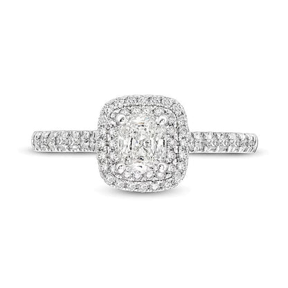 Halo-Verlobungsring mit Diamanten im Kissenschliff und rund, 1.0 ct. Gesamtgewicht, 14K Weißgold (I/SI2)