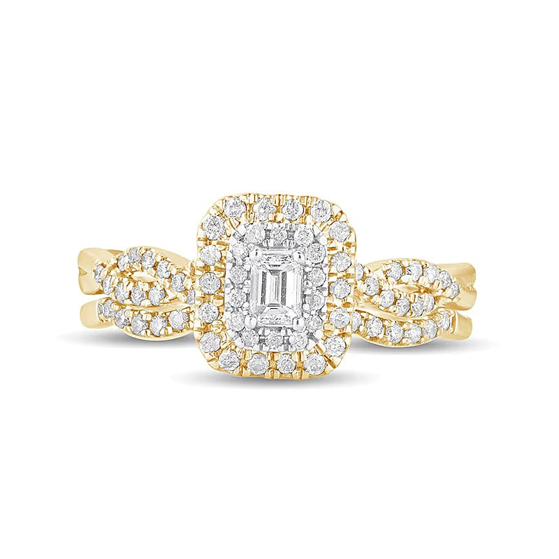 Braut-Set mit Diamanten im Smaragdschliff, mehrreihig mit doppeltem Rahmen, 0,5 ct. Gesamtgewicht in 10K Gelbgold