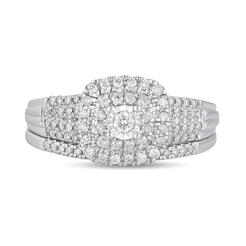 Brautset mit Diamanten im runden und Kissenschliff, mehrreihig, 0,5 ct. Gesamtgewicht, in 10K Weißgold
