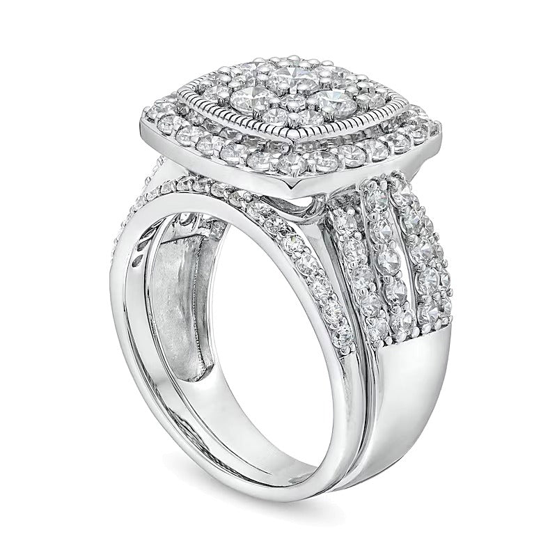 Vintage-Braut-Set mit Diamanten-Rahmen in Kissenschliff, geteiltem Ringkopf, 2.0 ct. Gesamtgewicht, in 10K Weißgold