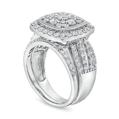 Vintage-Braut-Set mit Diamanten-Rahmen in Kissenschliff, geteiltem Ringkopf, 2.0 ct. Gesamtgewicht, in 10K Weißgold