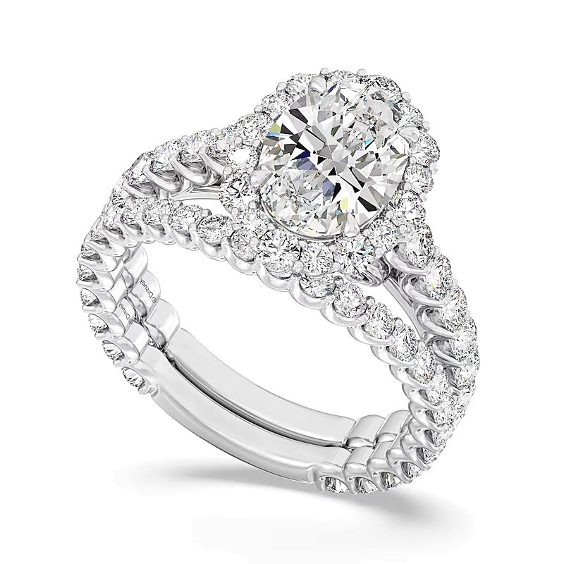 Verlobungsring mit ovalem Labordiamant und Halo, 3,5 ct. Gesamtgewicht, in 14K Weißgold