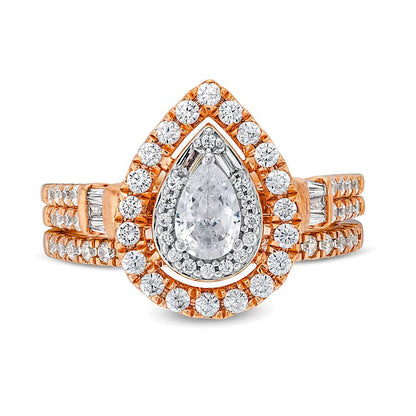 1.0 CT. Gesamtgewicht Braut-Set mit tropfenförmigen Diamanten und doppelter Reihe in 10K Roségold