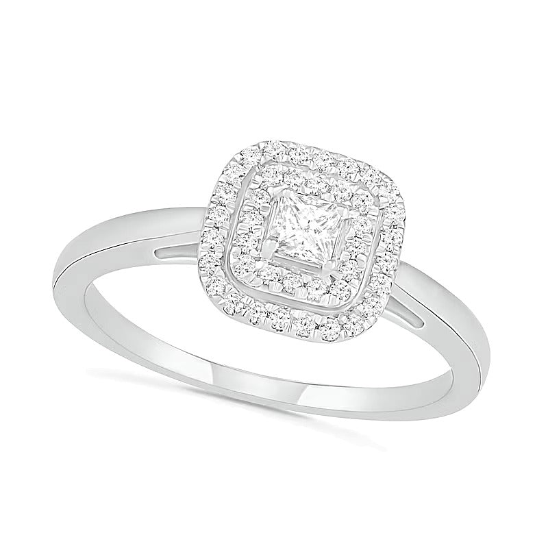 Braut-Set mit Diamanten im Princess-, Rund- und Kissenschliff und doppeltem Kissen-Rahmen in 10K Weißgold, 0.38 ct. Gesamtgewicht