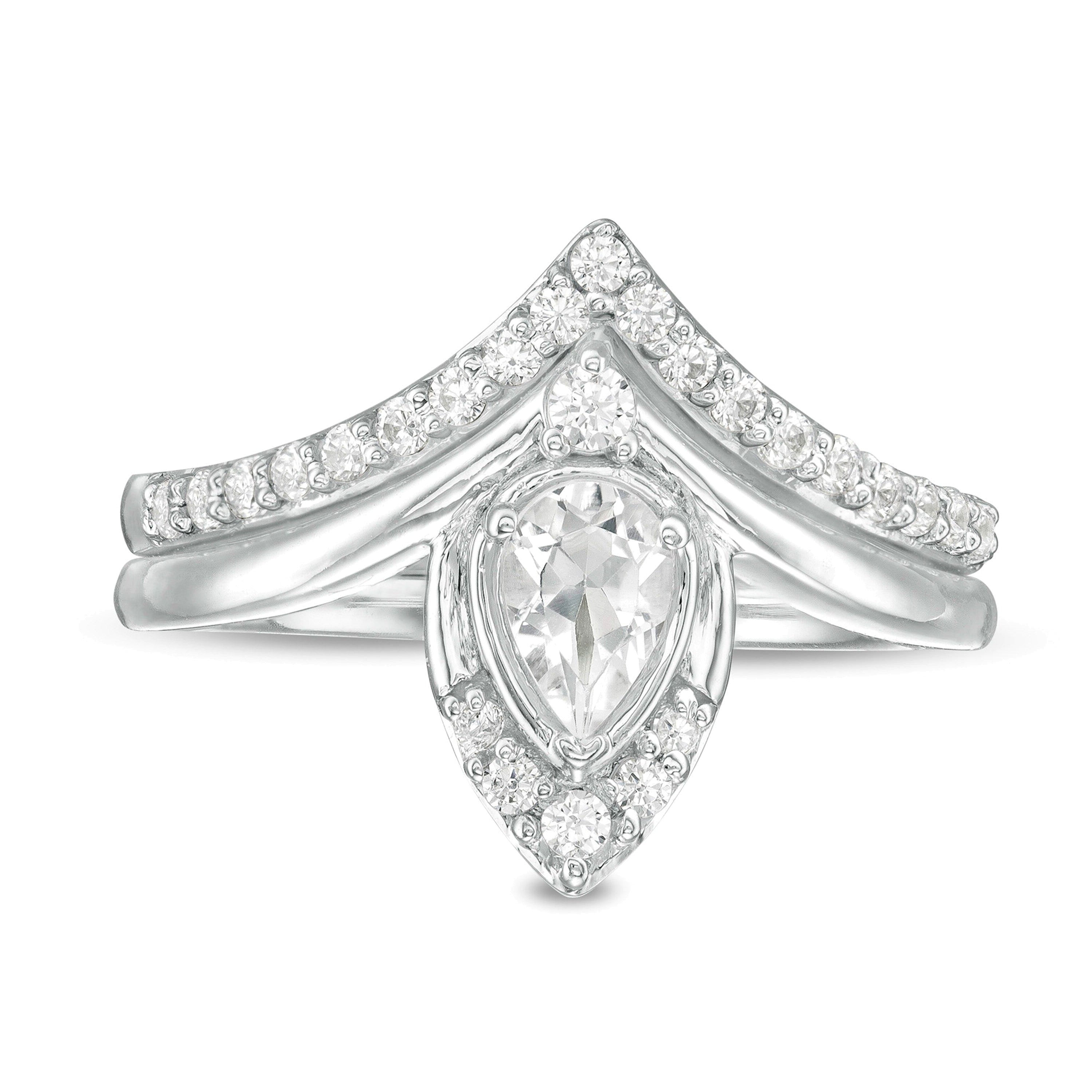 Braut-Set mit tropfenförmigem synthetischem weißem Saphir und 0,33 ct. Gesamtgewicht Diamanten in 10K Weißgold
