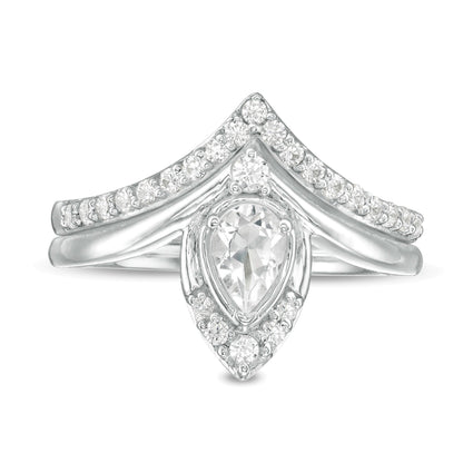 Braut-Set mit tropfenförmigem synthetischem weißem Saphir und 0,33 ct. Gesamtgewicht Diamanten in 10K Weißgold