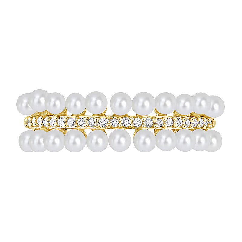 Ring mit Zuchtperlen und 0,1 ct. Gesamtgewicht Diamanten, dreireihig, in 10K Gelbgold