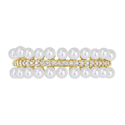 Ring mit Zuchtperlen und 0,1 ct. Gesamtgewicht Diamanten, dreireihig, in 10K Gelbgold