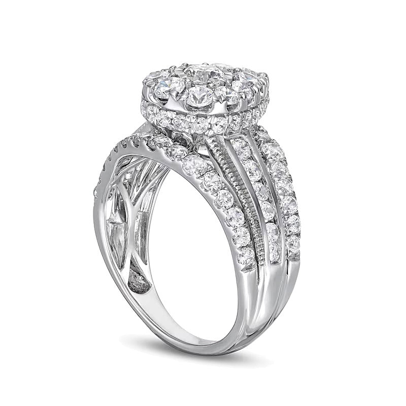 2.0 ct. Gesamtgewicht Verlobungsring mit mehreren Diamanten im Vintage-Stil, Tropfen und rund, mehrreihige Ringschiene, in 10K Weißgold
