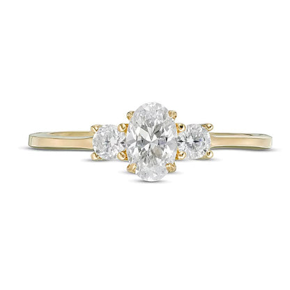 0,63 ct. Gesamtgewicht Dreistein-Verlobungsring mit Diamanten in Oval- und Rundschliff in 14K Gelbgold