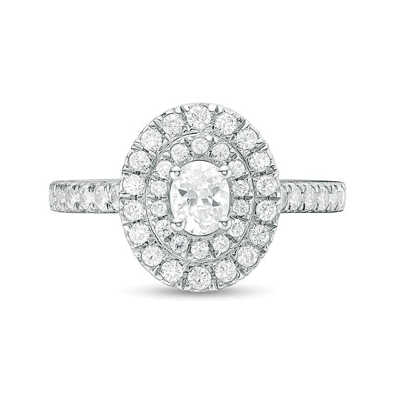 1.0 CT. TW Verlobungsring mit ovalen und runden Diamanten und Doppel-Halo in 14K Weißgold